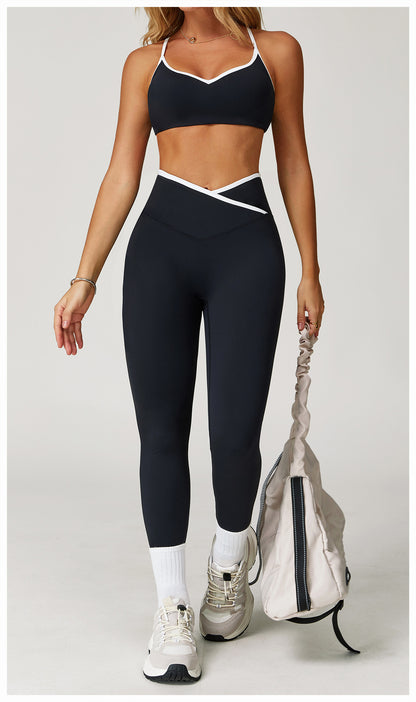 Nude Feel Skinny Yoga Pants Cross High Waist Contrast Color Tights Women Sports Running Fitness Pants - Iyanka