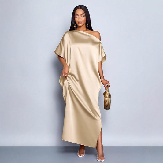 Women Clothing Early Autumn Satin Dress Yellow Satin Maxi Dress - Iyanka