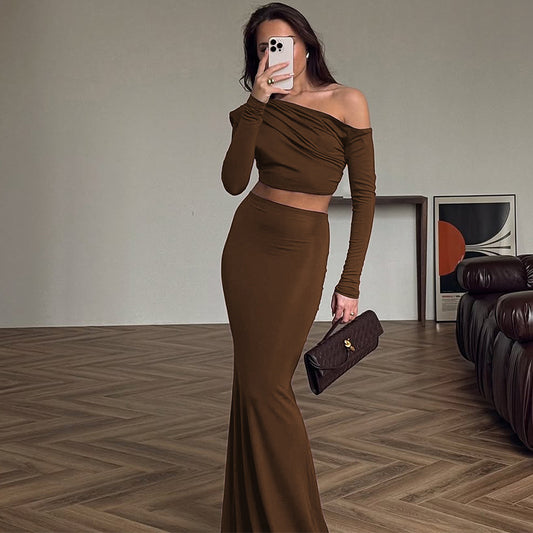 Best Seller in Women Clothing Summer Shoulder Baring Long Sleeved Top Slim Skirt Two Piece Sets Women - Iyanka