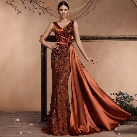Elegant Sequin Stitching Fit V neck Sleeveless Elegant Gorgeous Noble Cocktail Party Formal Dinner Dress - Iyanka