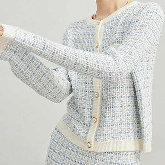 Western Classy Women round Neck Long Sleeve Stitching Plaid Knitted Sweater Top Hip Knitwear Skirt Outfit - Iyanka