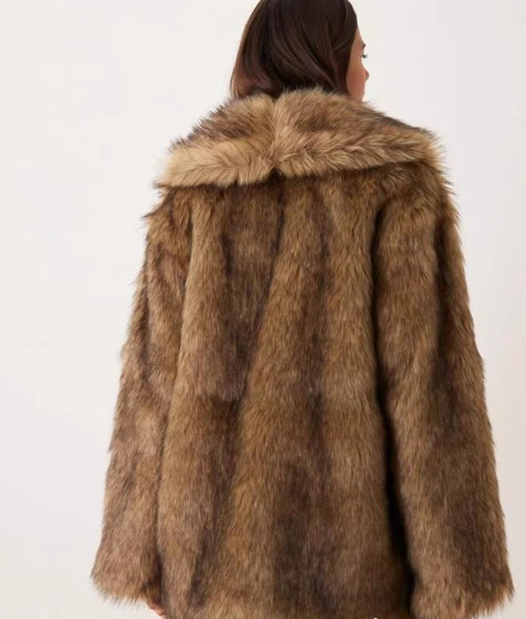 Women Fur Coat Imitation Raccoon Fur Mid Length Coat Faux Fur Long Sleeve Winter Warm Tops - Iyanka
