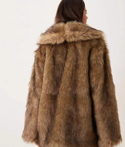 Women Fur Coat Imitation Raccoon Fur Mid Length Coat Faux Fur Long Sleeve Winter Warm Tops - Iyanka