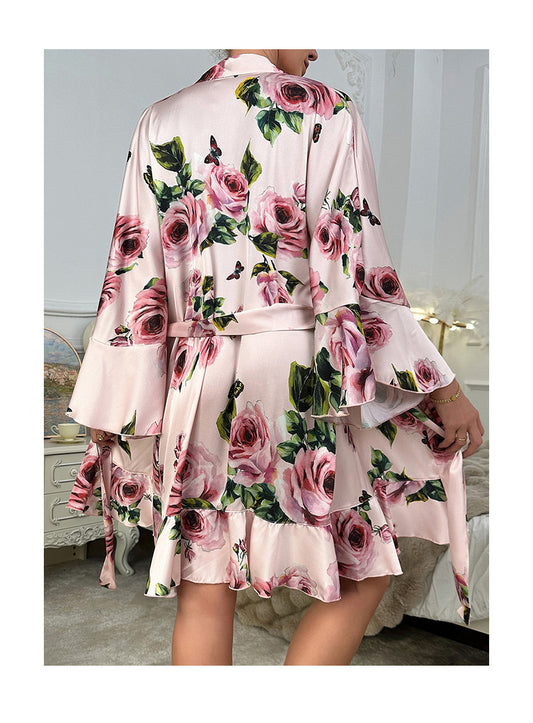 Sexy Underwear Ruffled Emulation Silk Nightgown Cardigan Bathrobe Home Wear Pajamas Women - Iyanka