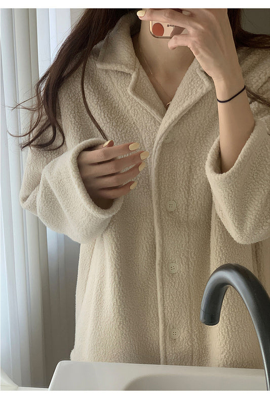 Korean Autumn Winter Lamb Wool Home Wear Suit High Grade Collared Cardigan Teddy Plush Thick Thermal Pajamas - Iyanka
