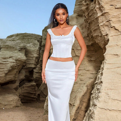 Summer Lace Maxi Dress Sleeveless Back Tied Top Exquisite Elegant Slim Small Trailing Skirt Set - Iyanka