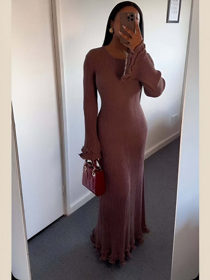 Women Clothing at Pleated Wavy Side Backless Lace up Long Sleeve Dress