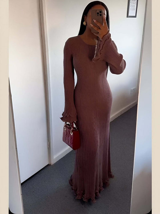 Women Clothing at Pleated Wavy Side Backless Lace up Long Sleeve Dress