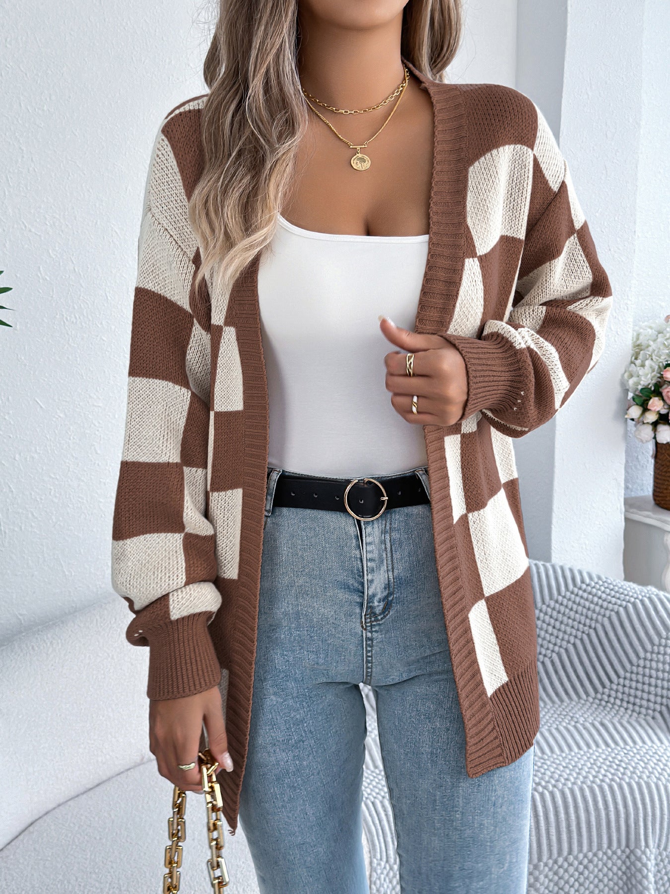 Autumn Winter Contrast Color Plaid Lantern Sleeve Cardigan Sweater Mid Length Coat Women Clothing - Iyanka