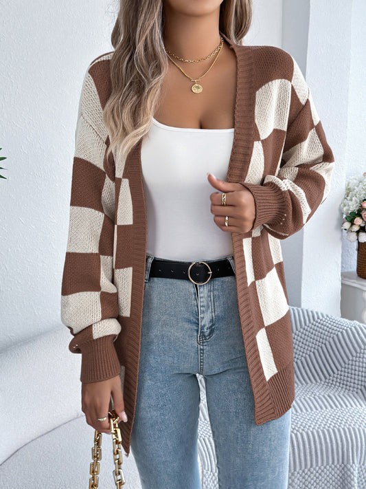 Autumn Winter Contrast Color Plaid Lantern Sleeve Cardigan Sweater Mid Length Coat Women Clothing - Iyanka