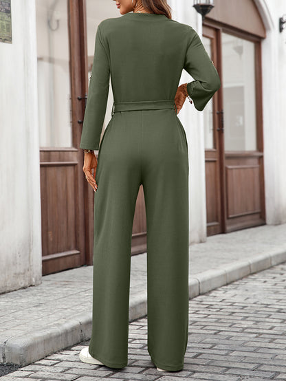 Spring Summer Solid Color High Waist Lace up Button Long Sleeve Loose Jumpsuit - Iyanka