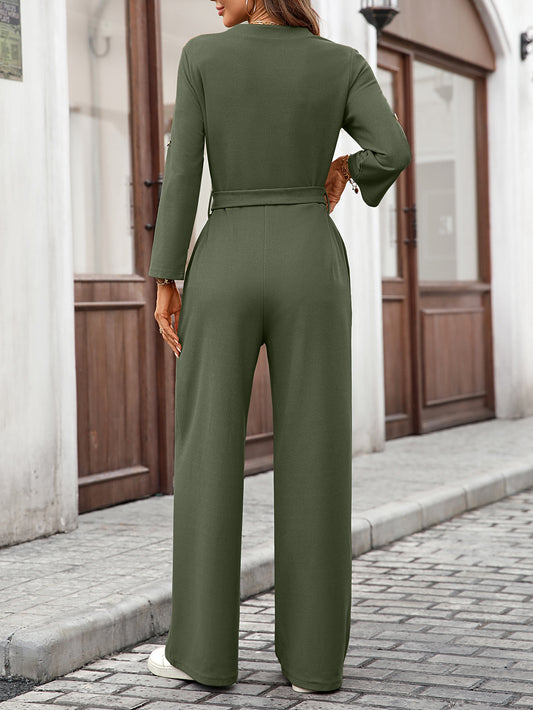 Spring Summer Solid Color High Waist Lace up Button Long Sleeve Loose Jumpsuit - Iyanka