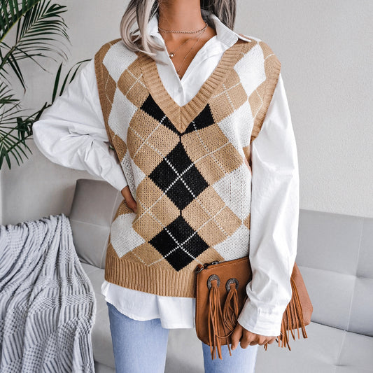 Autumn Winter College Rhombus V-neck Casual Loose Knit Vest Sweater Women Clothing - Iyanka