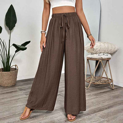 Casual Simple Lace up Embroidery Solid Color Loose Wide Leg Pants Thin Women