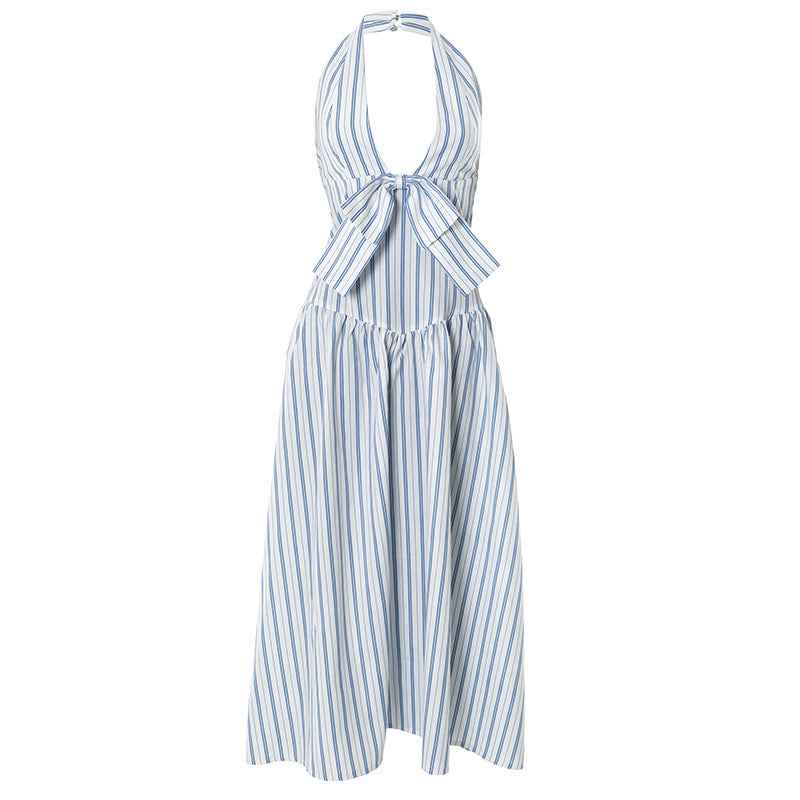 Summer Striped Backless Dress for Women with French Bow Halter Design