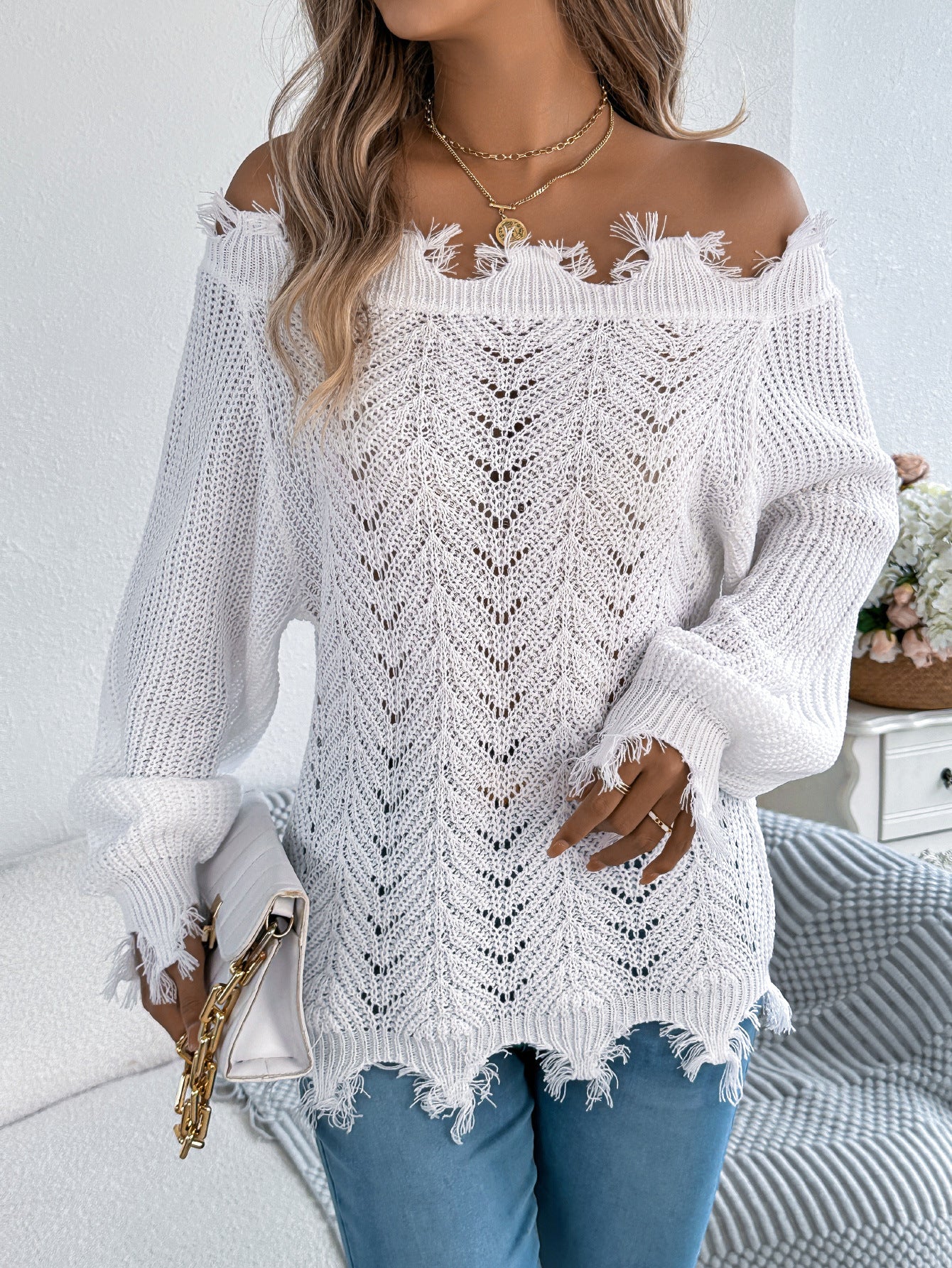 Autumn Winter Solid Color Hollow Out Cutout out Long Sleeve Cut off Shoulder Pullover Sweater Women Clothing - Iyanka