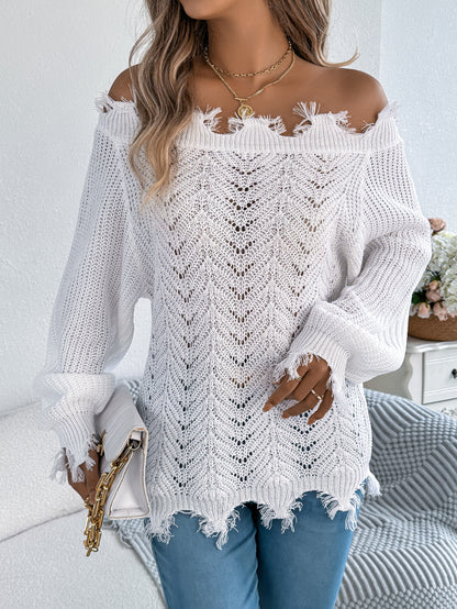 Autumn Winter Solid Color Hollow Out Cutout out Long Sleeve Cut off Shoulder Pullover Sweater Women Clothing - Iyanka