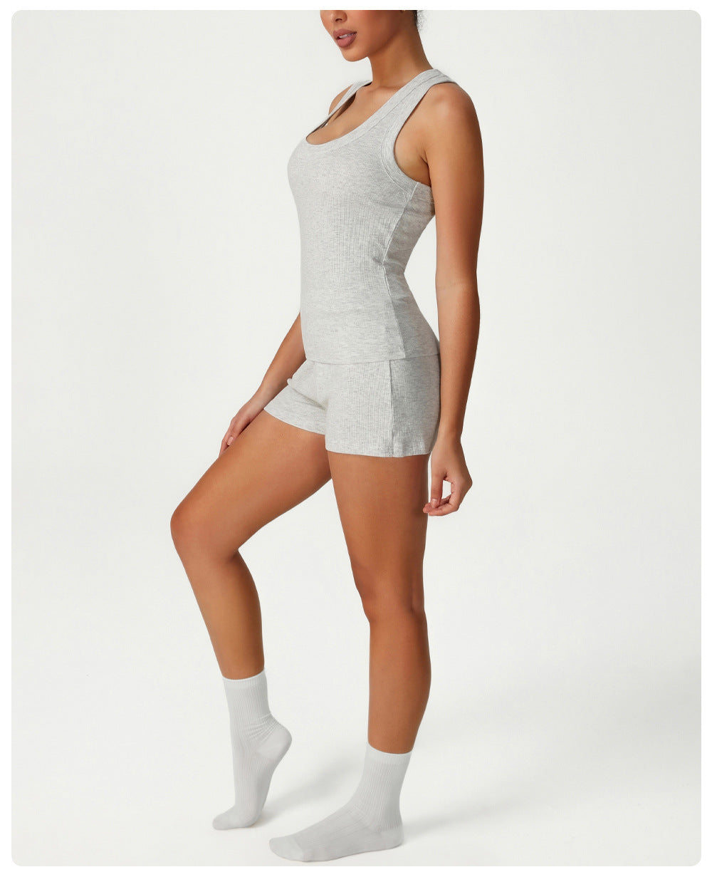 Tight Sleeveless Sports Vest Suit High Waist Casual Bum Lift Shorts Two Piece Sets Training Workout Clothes - Iyanka