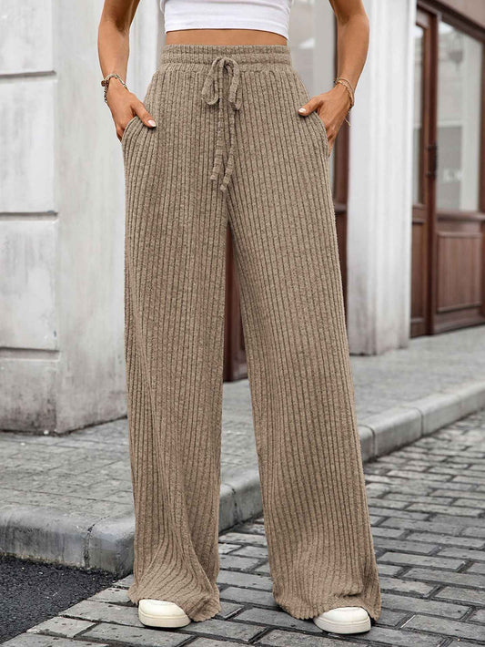 Autumn Winter Solid Color Drawstring Sunken Stripe Brushed Elastic Waist Casual Trousers
