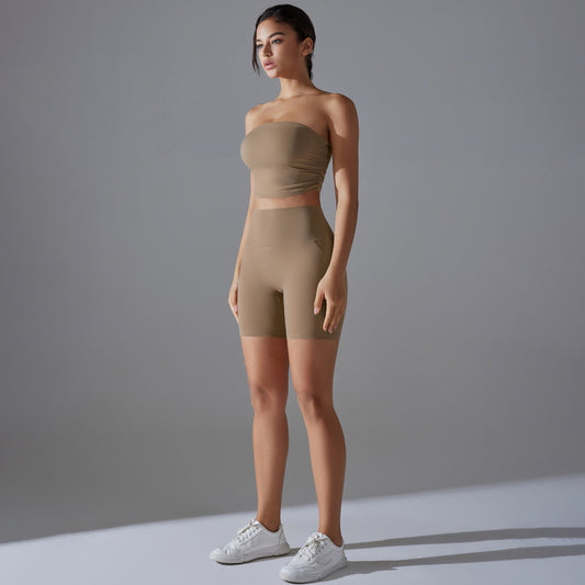 Celebrity One Piece Pleated Tube Top High Waist Hip Lift Zero Sense Wear Free Underwear Sports Shorts Fitness Yoga Set Women - Iyanka