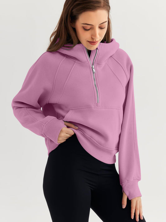 Half Zipper Pullover Hooded Sweatshirt Fleece Short Chic Scuba Sweater for Women - Iyanka
