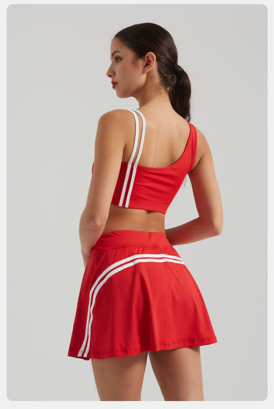 Contrasting Color Thread Yoga Clothes Sports Women Removable Bra Faux Two Piece Anti Exposure Half-Body Tennis Skirt Two Piece Sets - Iyanka