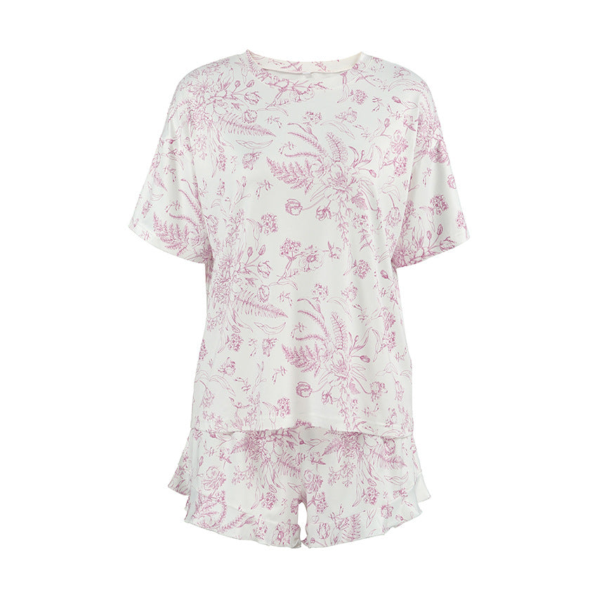 Autumn Casual Home Wear round Neck Short Sleeve Ruffled Shorts Two Piece Knitted Printed Pajamas for Women - Iyanka