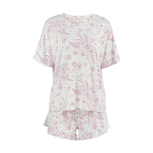 Autumn Casual Home Wear round Neck Short Sleeve Ruffled Shorts Two Piece Knitted Printed Pajamas for Women - Iyanka
