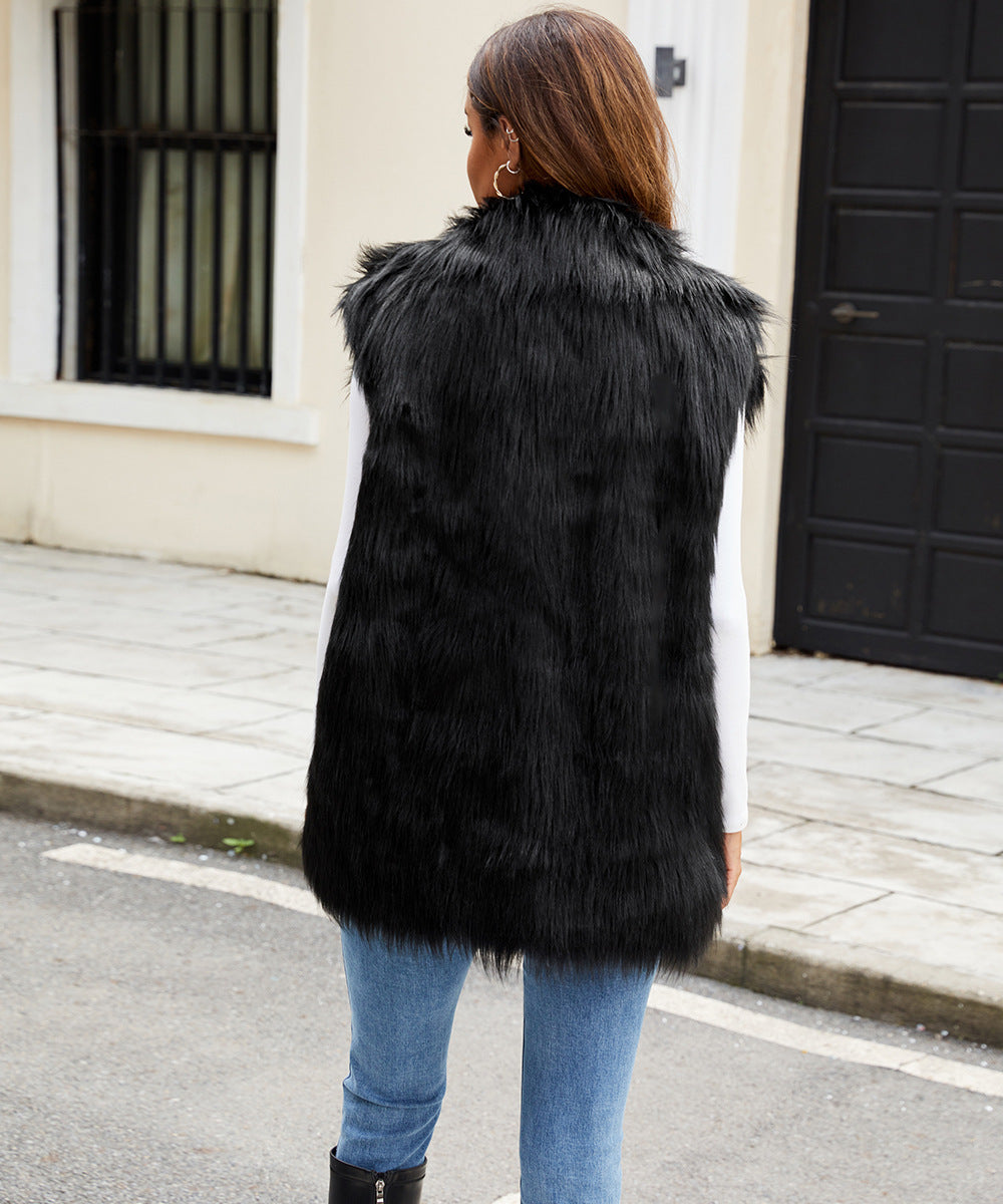 Ladies Faux Fur Suit Collar Vest Faux Fur Vest Plush Long Fur Vest - Iyanka