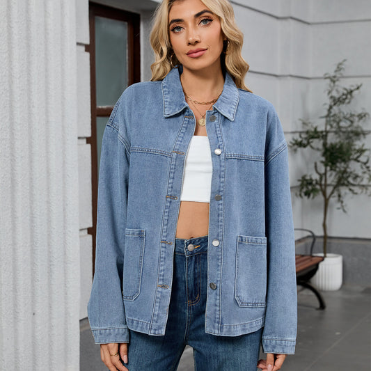 Women Clothing Retro Loose Casual Long Sleeve Coat Early Autumn Polo Collar Denim Coat - Iyanka