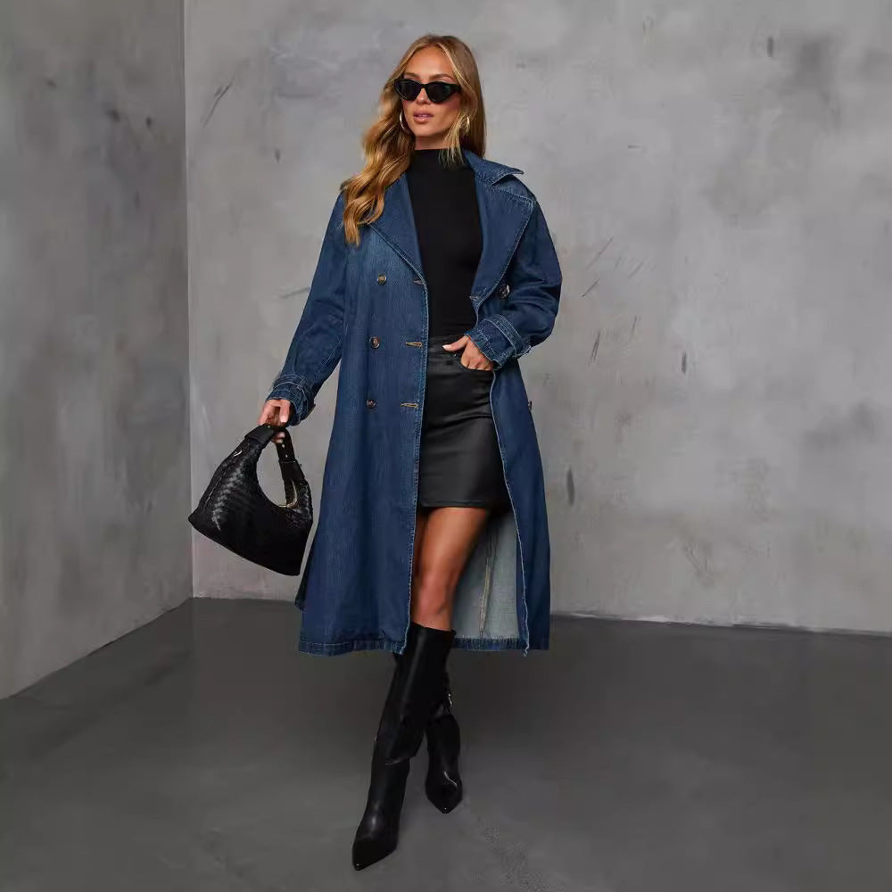 Autumn Casual Retro Denim Women Wide Windbreaker Coat With Belt - Iyanka