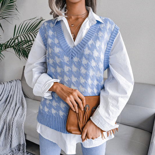 Autumn Winter V-neck Houndstooth Casual Loose Knitted Vest Sweater Waistcoat Women Clothing - Iyanka