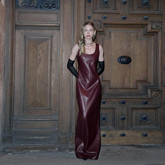 Autumn Sexy U Collar Slim Strap Faux Leather Solid Color Split Maxi Dress Women - Iyanka