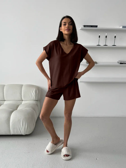 Ladies Pajamas Summer Thin Loose Comfortable Knitted Solid Color Short Sleeve Shorts Two Piece Home Wear - Iyanka