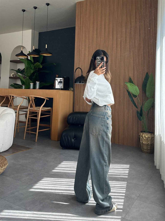 Ladies Retro Micro Elastic Heavy Industry Wash Straight Wide Leg Loose Denim Trousers
