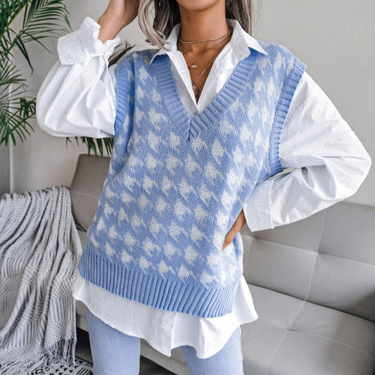 Autumn Winter V-neck Houndstooth Casual Loose Knitted Vest Sweater Waistcoat Women Clothing - Iyanka
