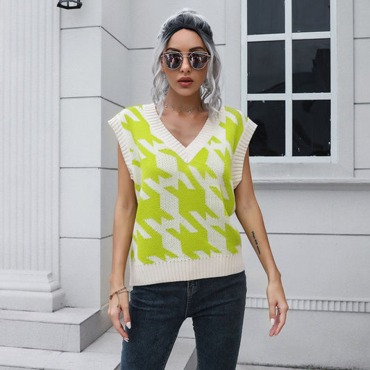 Houndstooth V-neck Vest Sweater Women Vest Outer Wear Inner Wear Autumn Winter Knitwear Sweater Boucle - Iyanka