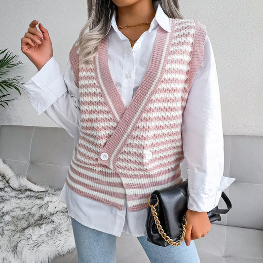 Stripe College Knitted Vest Sweater Women Clothing - Iyanka