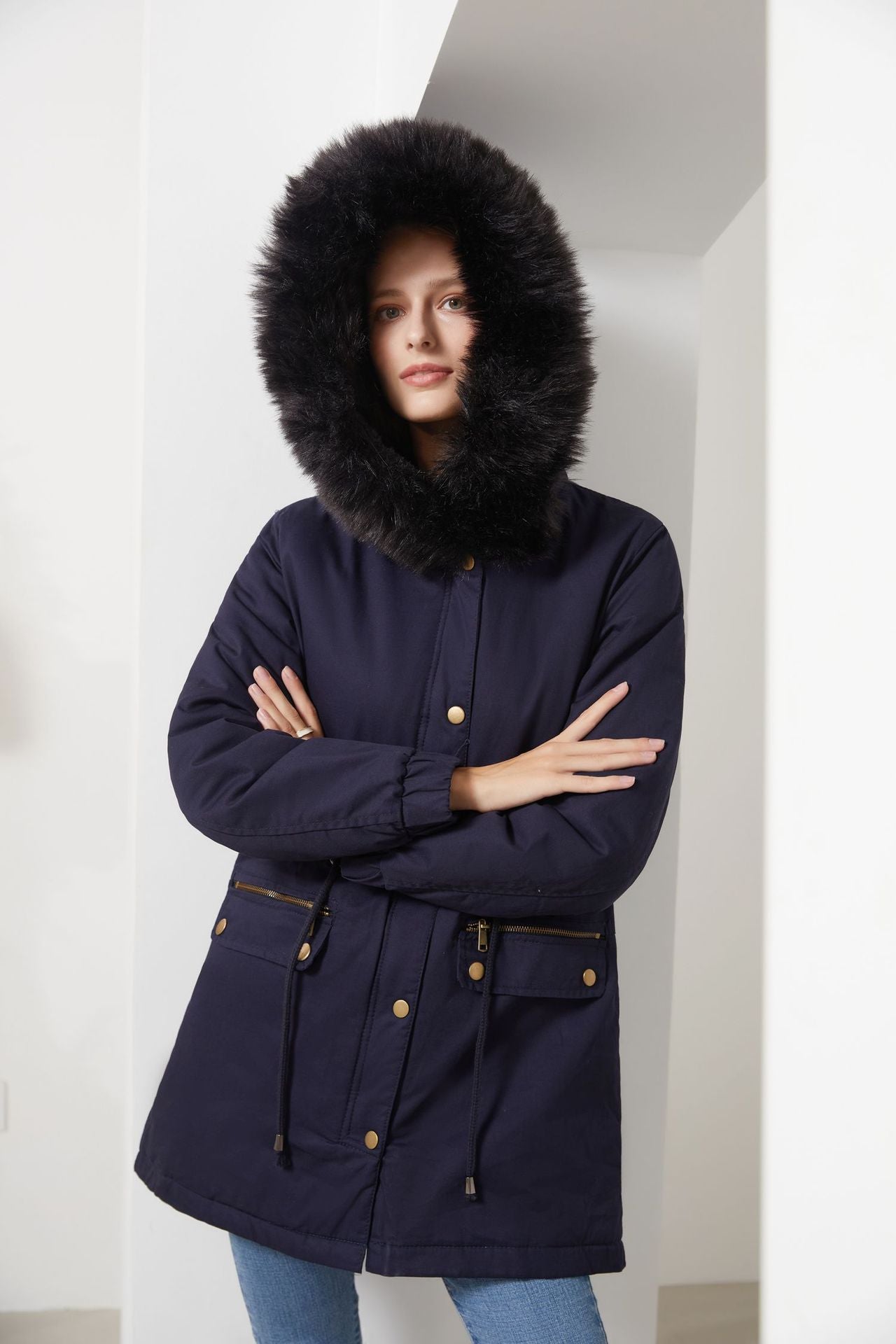 Autumn Winter Parka Women Fleece Lined Coat Women with Fur Collar Hooded Warm Jacket Loose Cotton Coat Plus Size - Iyanka