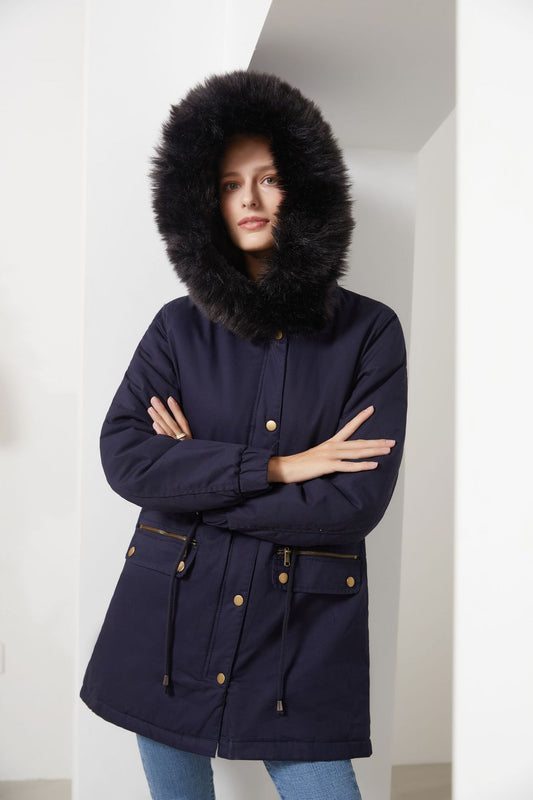 Autumn Winter Parka Women Fleece Lined Coat Women with Fur Collar Hooded Warm Jacket Loose Cotton Coat Plus Size - Iyanka