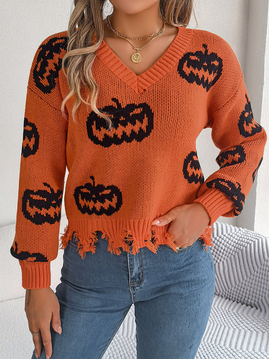 Autumn Winter Halloween Contrast Color Pumpkin Cut Rotten Long Sleeve Pullover Women Clothing - Iyanka