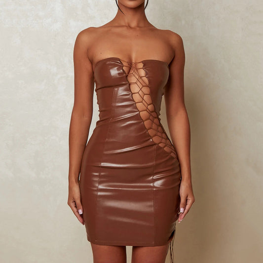 Women Clothing Summer Sexy Tube Top Lace up Waist Controlled Hip Women Dress - Iyanka