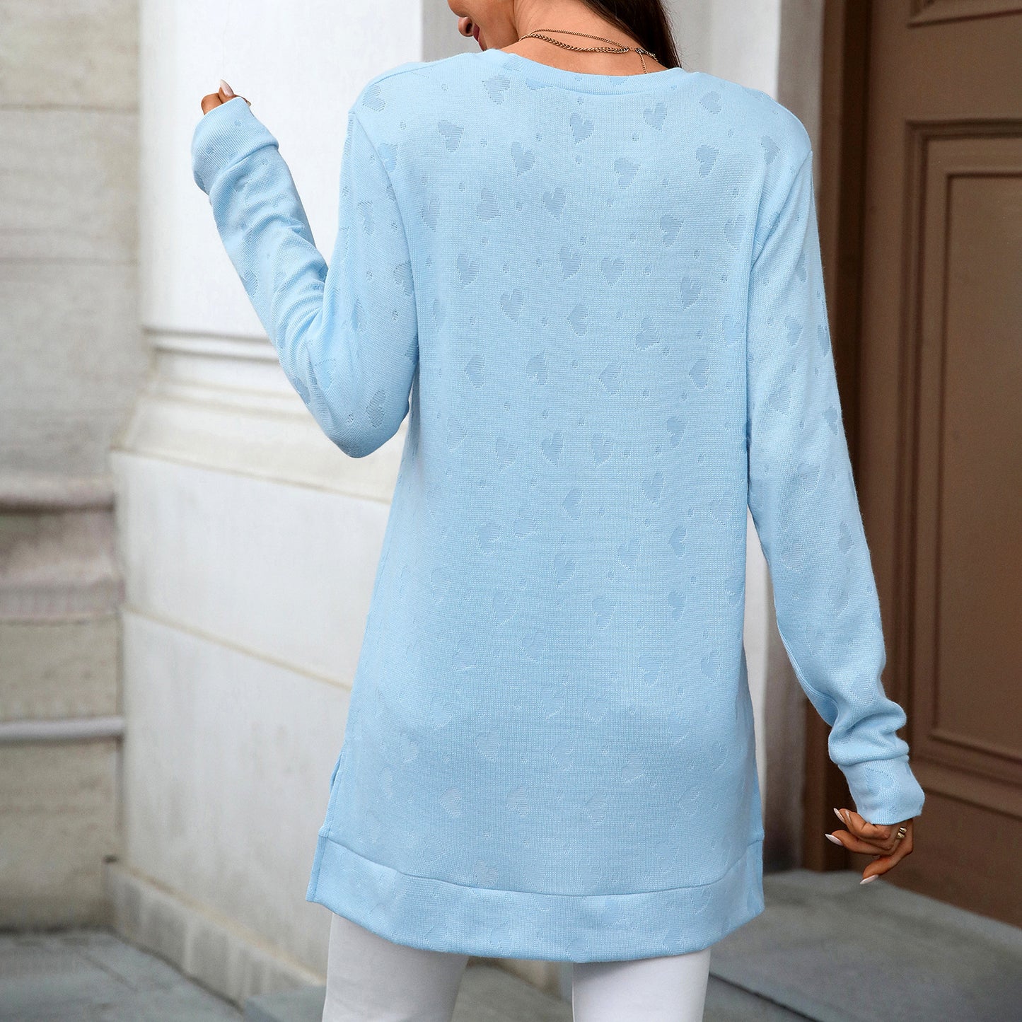 Autumn Winter Solid Color round Neck Loose Long Sleeve Split T shirt Top Women - Iyanka