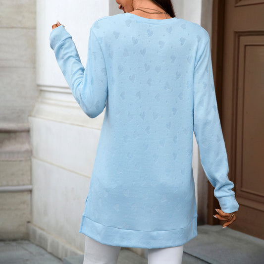 Autumn Winter Solid Color round Neck Loose Long Sleeve Split T shirt Top Women - Iyanka