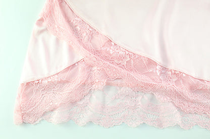 Summer V neck Lace Edge Dress Satin Skin Friendly Sexy Pink Sling Pajamas - Iyanka