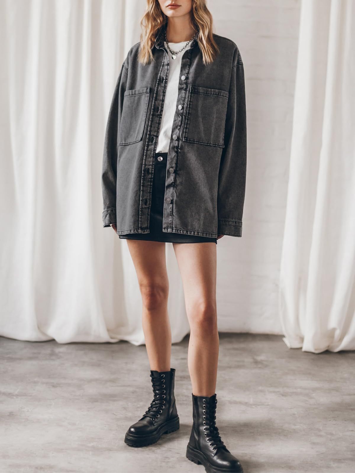 Retro Hong Kong Collared Denim Coat Women Blue Large Pocket Loose Casual Jacket - Iyanka