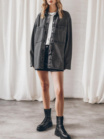 Retro Hong Kong Collared Denim Coat Women Blue Large Pocket Loose Casual Jacket - Iyanka