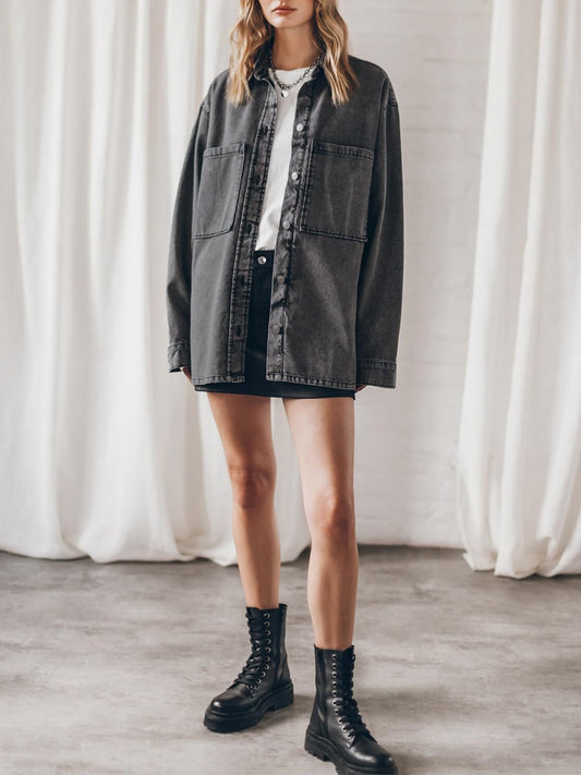 Retro Hong Kong Collared Denim Coat Women Blue Large Pocket Loose Casual Jacket - Iyanka