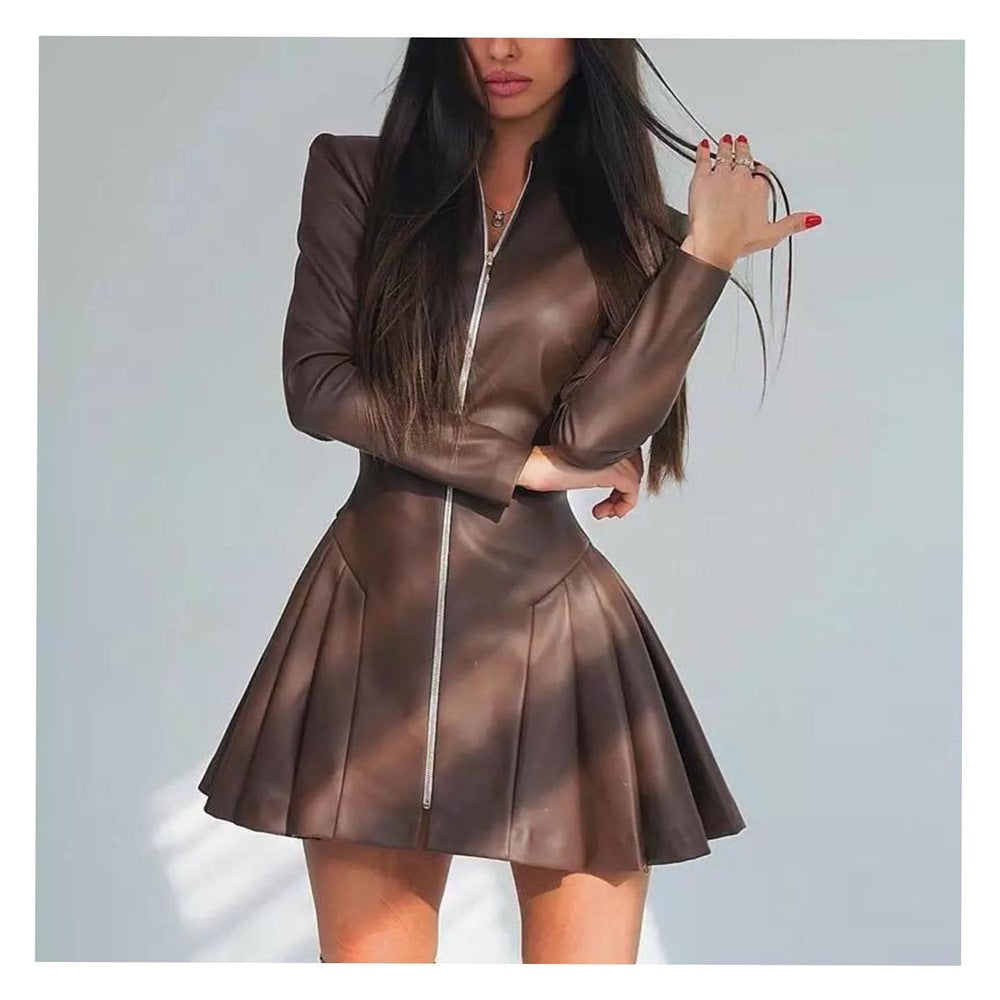 Women Fashionable Fitted Long Sleeve Pleated Faux Leather Zipper Dress - Iyanka