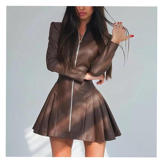 Women Fashionable Fitted Long Sleeve Pleated Faux Leather Zipper Dress - Iyanka